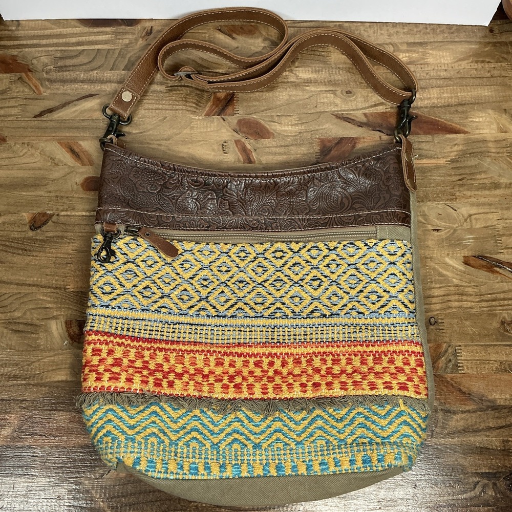 Myra Canvas Leather Woven Crossbody Bag Boho Western Fringe Adjustable Strap - Picture 2 of 13